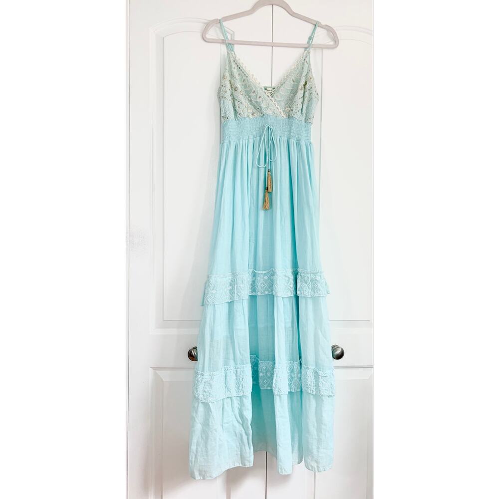 Boho Turquoise Women Dress Embroidered Sequin Gauze Maxi Empire Waist XS/S